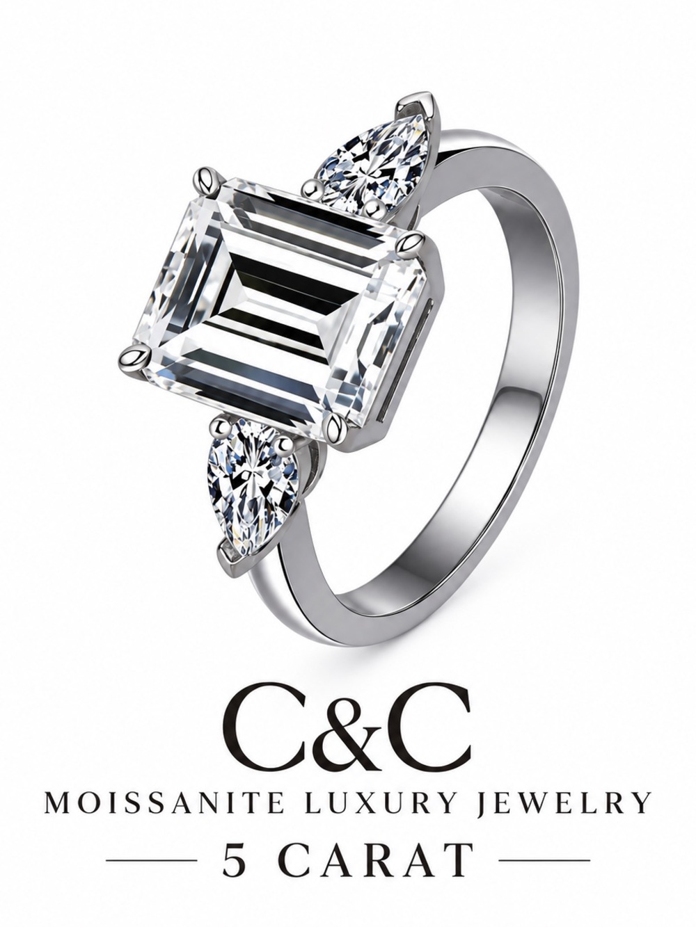 C.C White Emerald-Cut Center Three-Stone Moissanite Ring